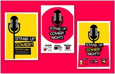 the stand - up comedy night poster is shown with two microphones in front of it