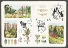 an open notebook with drawings and pictures on the pages, including trees, houses, buildings, and plants