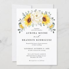 sunflowers and white roses are on the front of this floral wedding shower card