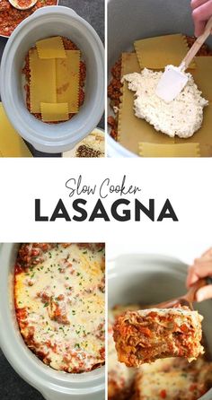 slow cooker lasagna recipe collage with pictures showing how to make lasagna