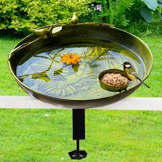 a bird is sitting on top of a bowl filled with water and flowers in the grass