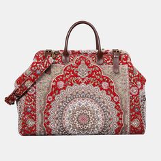 Elevate your style with our Oriental Red Large Carpetbag from Carpetbag of America. Handcrafted with exquisite detail, this statement piece blends tradition and luxury seamlessly. Shop now for timeless elegance! Red Travel Bag With Leather Handles, Luxury Red Bags With Adjustable Handle, Traditional Red Top Handle Bag, Traditional Red Bags With Leather Handles, Traditional Travel Bag With Top Carry Handle, Traditional Top Handle Travel Bag, Red Tote Bag With Luggage Sleeve, Traditional Red Bags With Handles, Tapestry Tote Shoulder Bag For Travel