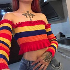 Trendy Striped Stretch Sweater, Non-stretch Multicolor Tops For Fall, Trendy Stretch Acrylic Tops, Trendy Stretch Acrylic Top, Fitted Multicolor Long Sleeve Sweater, Casual Orange Acrylic Sweater, Colorful Trendy Winter Tops, Trendy Colorful Winter Tops, Spring Striped Stretch Sweater