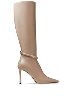 Dreece 95mm knee-high boots from JIMMY CHOO featuring beige, leather, pointed toe, side zip fastening and knee-length. | Jimmy Choo Dreece 95mm knee-high boots Statement Sandals, Leather Knee Boots, Knee Boot, Leather Cuffs Bracelet, Knee High Leather Boots, Jimmy Choo Shoes, Footwear Design Women, Long Boots, Latest Shoes