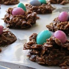 chocolate cookies with candy eggs in the middle