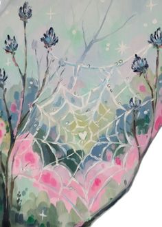 an abstract painting of flowers and trees with water drops on the leaves, in pastel colors