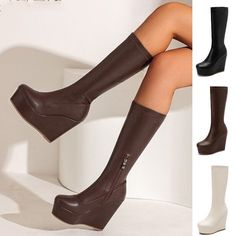 ad eBay - Find many great new & used options and get the best deals for Women Stretchy Mid Calf Boots High Wedge Heels Platform Shoes Side Zipper Boots at the best online prices at eBay! Free shipping for many products! Wedge Boots Outfit, Wedges Boots, Outfit Boards, Oc Aesthetic, Wedge Heel Boots, High Wedges, Heels Platform, Boots High, Zipper Boots