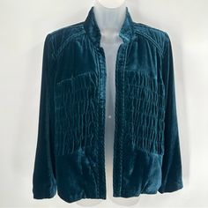 Chicos Velvet Chord Jacket Sz 1 M 8 Womens Darkest Teal Blazer Ruched Blazer New Teal/Blue Ruched Velvet Jacket Has Open Front Styling And Is Lined. Original Retail Tag Attached. Chicos Size 1; Per Brand Website This Is Similar To A Us Womens Size M Or Size 8. See Photos For Details And Approximate Flat Lay Measurements To Determine Fit. Ships In A Poly Bag. Fast Shipping; Ships Out Same Or Next Business Day. Style Profile: Classic, Holidays, Whimsigoth, Christmas, Business Casual, Party, Blazer Whimsigoth Christmas, Profile Classic, Teal Blazer, Brand Website, Velvet Jacket, Dark Teal, Casual Party, Style Profile, Teal Blue