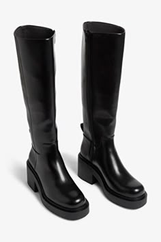 Chunky heeled black faux leather knee-high boots - Black - Monki NL Shop Knee High Black Boots, Chunky Heel Fall Boots, Boots Womens Black, Women's Boots Knee High, Tall Chunky Flat Boots, Black Boots Lyst, Black Pu Boots, Knee Height Black Boots, Knee Boots Black Dress