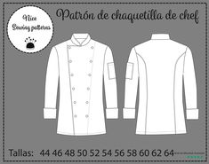 Chef jacket pattern for men. Sizes 42,44,46,48,50,52,54,56,58,60,62 New version WITH INSTRUCTIONS IN SPANISH. This is a downloadable pattern in pdf format, A4 or Letter size, to print on a color printer. This pattern will help you make a chef's jacket for men and the best thing about making it yourself at home is that you can customize it to the maximum. This chef jacket can be a great gift for men who like to cook. This pattern also works for women if you like loose clothing. In this same store Men's Chef Jacket, Chef Clothes, Sewing Aprons, Master Chef, Great Gifts For Men