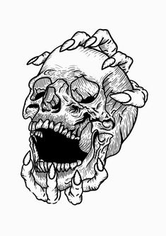 a black and white drawing of a skull with its mouth open