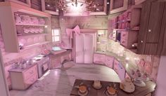 a pink kitchen with lots of cupboards and counter space in the center is lit by lights