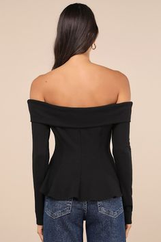 From casual occasions to going-out looks, we love the Lulus Flattering Pick Black Off-the-Shoulder Long Sleeve Top! Stretchy jersey knit fabric shapes this perfect top that has long fitted sleeves and an off-the-shoulder neckline with a wide band of foldover trim. Fitted bodice has a seamed design and a cute flaring hem. Fit: This garment fits true to size. Length: Size medium measures 15.75" from top to bottom. Bust: Great for any cup size. Waist: Fitted - stretchy fabric allows custom fit. Und Fitted Long Sleeve Knit Top For Party, Fitted Knit Top For Fall Party, Fall Party Blouse With Cold Shoulder, Fall Party Cold Shoulder Blouse, Spring Fitted Off-shoulder Knit Top, Elegant Fitted Off-shoulder Top For Date Night, Off-shoulder Evening Blouse For Fall, Fitted Knit Top With Long Sleeves For Night Out, Off-shoulder Blouse For Evening In Fall