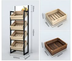 three different types of shelvings with measurements