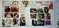 an open book with pictures of people and christmas decorations on the pages, in front of a computer screen