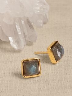 FACETED GEMSTONES: A tempting array of treasures, this collection pairs semi-precious gems with 22k gold-plated brass to highlight the stones' natural beauty and faceted cut.  Featuring brilliant labradorite, shimmering moonstone, and pearlescent pre Semi Precious Gems, Precious Gems, Faceted Gemstones, 22k Gold, Accessories Shop, Post Earrings, Jewelry Pieces, Moonstone, Labradorite