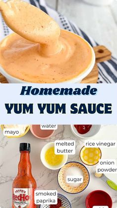 the ingredients for homemade yum sauce are shown in bowls and on top of each other