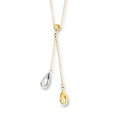 Teardrops of 14K white and yellow gold dangle from a chain of 14K yellow gold in this chic necklace for her. The chain measures 18 inches and fastens with a spring ring clasp. White Gold 14k Drop Necklaces, Long Drop Yellow Gold Necklace With Delicate Chain, Modern Gold Briolette Necklace, 14k White Gold Dangle Necklaces, 14k White Gold Dangle Necklace, Gold Dangle Drop Necklace, Gold Dangle Drop Necklace In Fine Jewelry Style, Yellow Gold Drop Necklace With Teardrop Pendant, Yellow Gold Drop Lariat Necklace