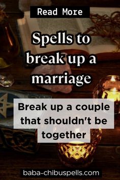 a table with candles and books on it that says read more spells to break up a marriage