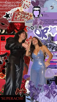 collage of two people dressed in purple and black