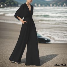 Olivia Mark - High-Waisted Wide-Leg Jumpsuit with Batwing Sleeves Elegant Jumpsuit, Black Wide Leg Trousers, Jumpsuit Elegant, Jumpsuit With Sleeves, Formal Attire, Wide Leg Jumpsuit, Batwing Sleeve, Long Pants, Olivia Mark