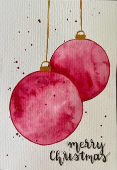 watercolor christmas card with two red ornaments