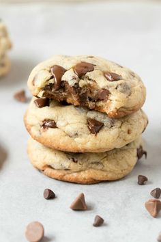 chocolate chip cookies stacked on top of each other