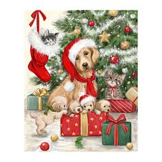 a dog and three puppies are sitting in front of a christmas tree with presents