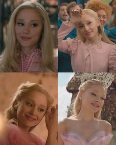 four different pictures of the same woman in pink dresses, one with blonde hair and one with blue eyes