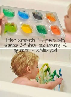 a child playing in a bathtub with water and paints on the tub top, next to an image of a toddler's hand holding a paintbrush