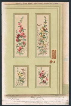 an old fashioned door with flowers painted on it's side and two framed pictures above the doors