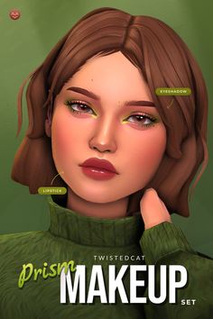 a digital painting of a woman with brown hair and green eyeshadow, wearing a green turtle neck sweater