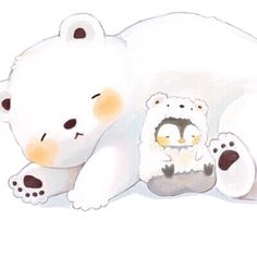 a polar bear laying next to a baby penguin