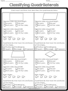 the printable worksheet for identifying quadrilaters is shown in black and white