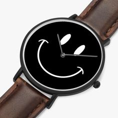 Be Happy Black Ultra-Thin Leather Strap Quartz WatchPart of The Kindness Collection. $10 from every item sold is donated to our featured nonprofit. Click here for our current Kindness Collection nonprofit partner information. Use your smile to change the world, and don't let the world change your smile. Keep track of your day and remember to smile with this smiley face watch. This watch makes one cool gift that gives back. We donate a portion of our proceeds to charity with every purchase. Wheth Black Smiley Face, Remember To Smile, Happy Black, Your Smile, Happy Face, Smiley Face, Change The World, Samsung Gear Watch, Leather Band