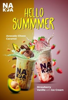 an advertisement with two cups of ice cream and strawberries