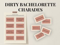 the words dirty bachelorette charadess are placed on top of pink labels