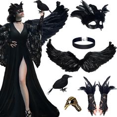 an image of a woman in black costume with wings and rings on her head, wearing accessories