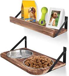 two wooden shelves with dog food and photo frames on them, one has a bowl of water and the other is a box of milk