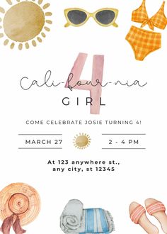 California Birthday Party Ideas, Cali-four-nia Girl Birthday, No Theme Birthday Party, 4th Birthday Theme, California Birthday, Beach Theme Birthday Party, Beach Theme Birthday, 4th Birthday Party, Bday Party Theme