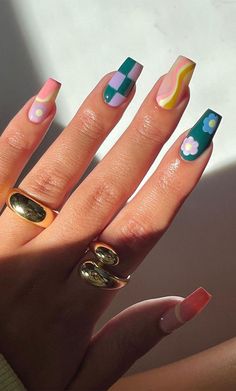 22. Checkered moment If you’re a nail lover you would see checkered nails have become one of the most must-have manicure in 2021. For... Mix Match Nails, Trendy Nail Art Designs, Colorful Nails, Neon Nails, Unique Nails, Classy Nails, Funky Nails