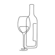 a wine glass and bottle on a white background with one line drawn in the middle