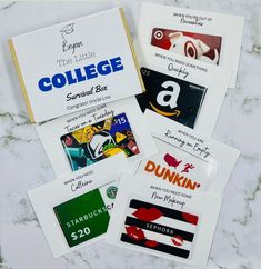 four different business cards on a marble counter top with the words college and dunkin's