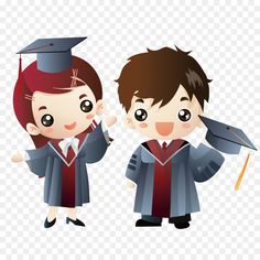 two children in graduation gowns and cap, with one pointing at the other's head