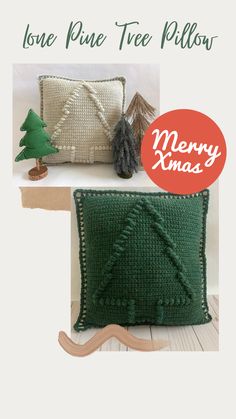 a green pillow sitting on top of a wooden table next to a christmas tree pillow