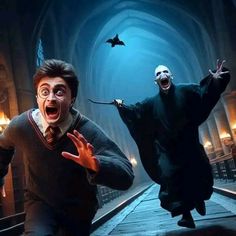 two men in harry potter costumes are running through a tunnel with bats flying above them