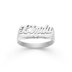 This LEE103 name ring is a classic but timeless jewelry with script letters and lovely heart tail. Personalize this custom ring with the name of your choice. Treat yourself or make it a gift for loved ones, birthdays, anniversaries, or celebrations. * Personalize with name up to 8 characters (only first letter is capitalized) * 10k Yellow or White Solid Gold (weighs about 2.0g to 2.4g) * 14k Yellow, White, or Rose Solid Gold (weighs about 2.1g to 2.6g) * Measures approx. 7.5mm from first initial Gold Name Ring, Signet Rings Women, Jewelry Classic, Name Ring, Name Rings, Gold Engraving, Custom Ring, Timeless Jewelry, One Ring