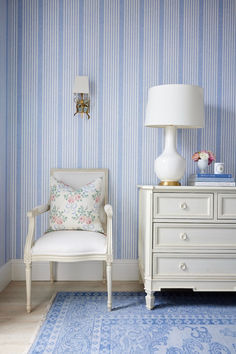 French Linen Stripe wallpaper | Caitlin Wilson Design Blue And White Striped Wallpaper, Striped Wallpaper Bedroom, French Blue Bedroom, Stripe Wallpaper Bedroom, Blue Stripe Wallpaper, Caitlin Wilson Design, British Cottage, French Wallpaper, Blue Stripes Pattern