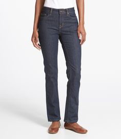 Thanks to customer feedback, we're introducing our most fitted jeans in a new classic straight-leg style. They're guaranteed to keep their shape, even after frequent washings, eliminating bagging and stretching over time. Inseams: Regular 30", Petite 28", Medium Tall 32", Tall 34", Plus 30". Classic Fit: Sits at the waist. Fitted through hip and thigh. Straight-leg. Rinsed, Stonewashed - 93% cotton, 5% polyester and 2% elastane. Black - 90% cotton, 8% polyester and 2% elastane. Machine wash and Fitted Jeans, Petite Women, New Classic, Ll Bean, L L Bean, Pants Outfit, Jeans Straight, Stretching, Stretch Denim