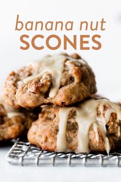 banana nut scones are stacked on top of each other and drizzled with icing